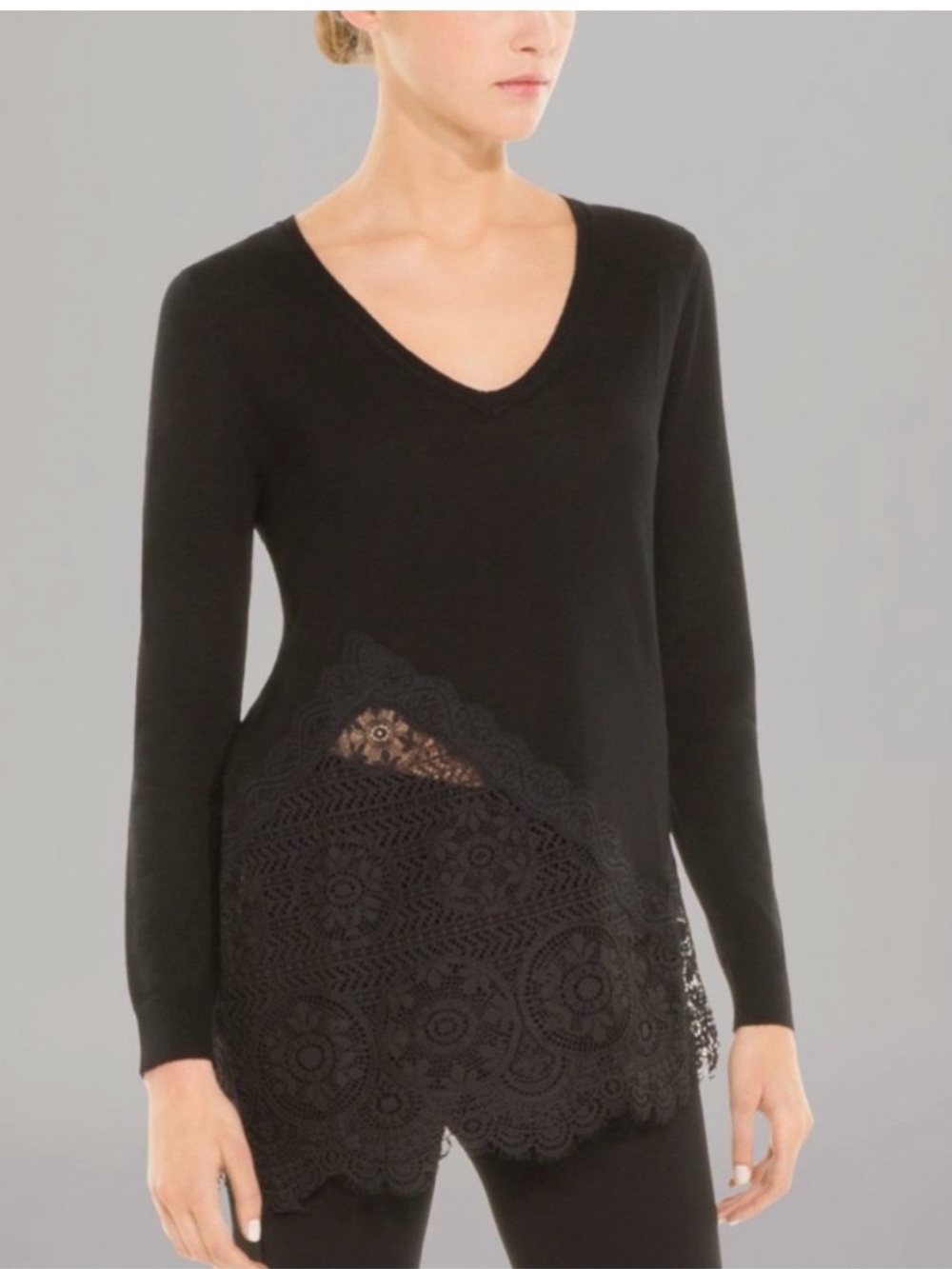 Sandro of Paris 100% Wool V-Neck Sweater with Lace Hem Detail
